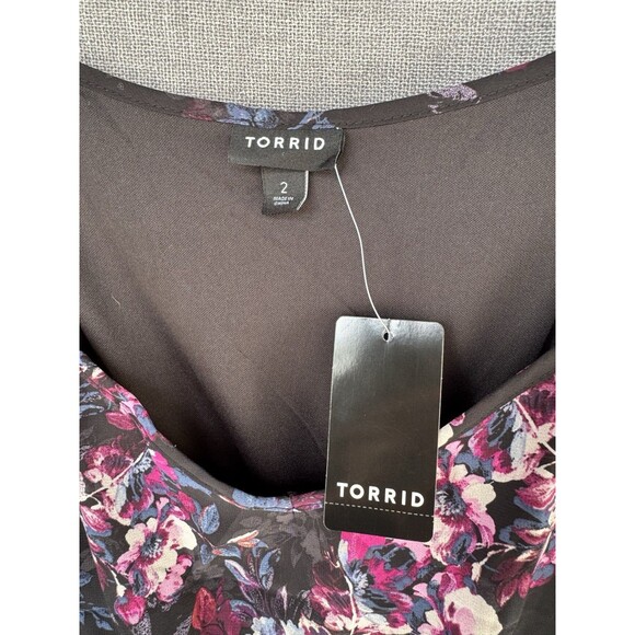 Torrid 2X 18/20 Midi Chiffon Pleated Dress Black Floral Pink Pockets V Neck - Picture 6 of 13